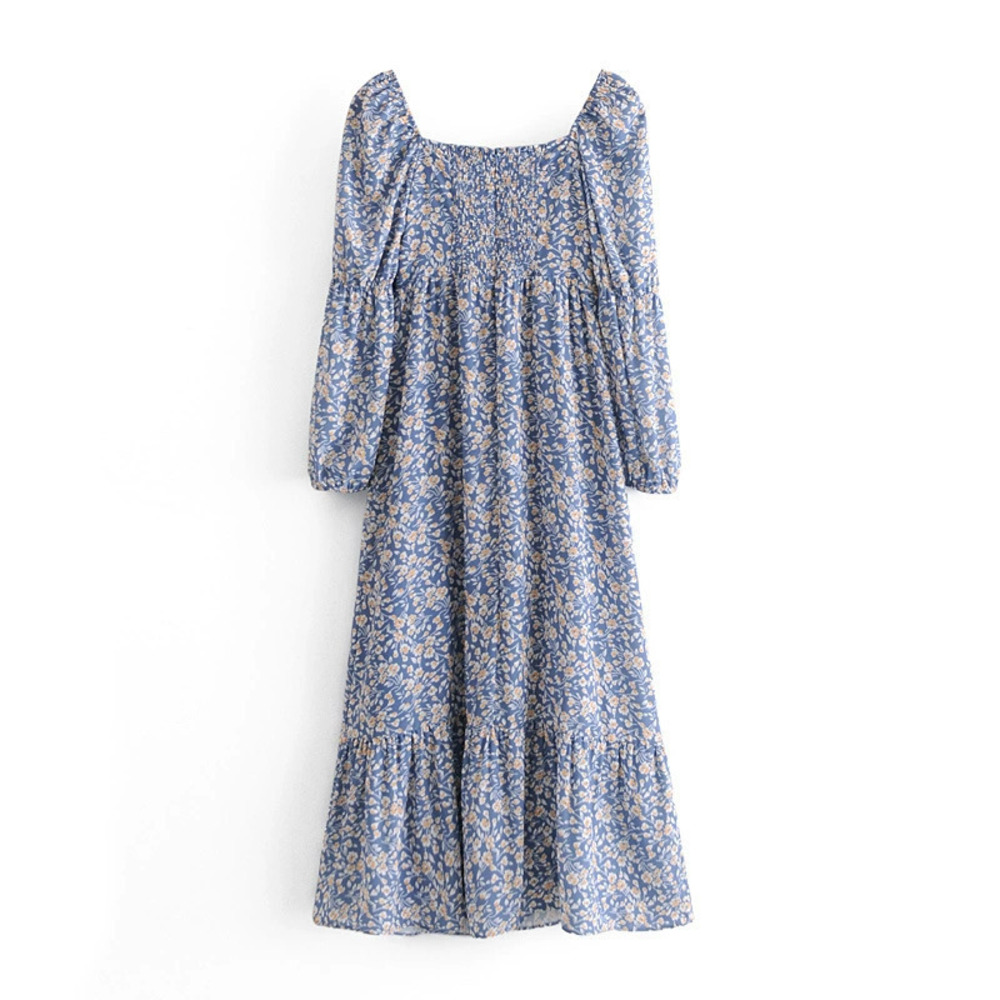 Spring Small Floral Print Square Neck Long Sleeve Dress with Cuffed Sleeves